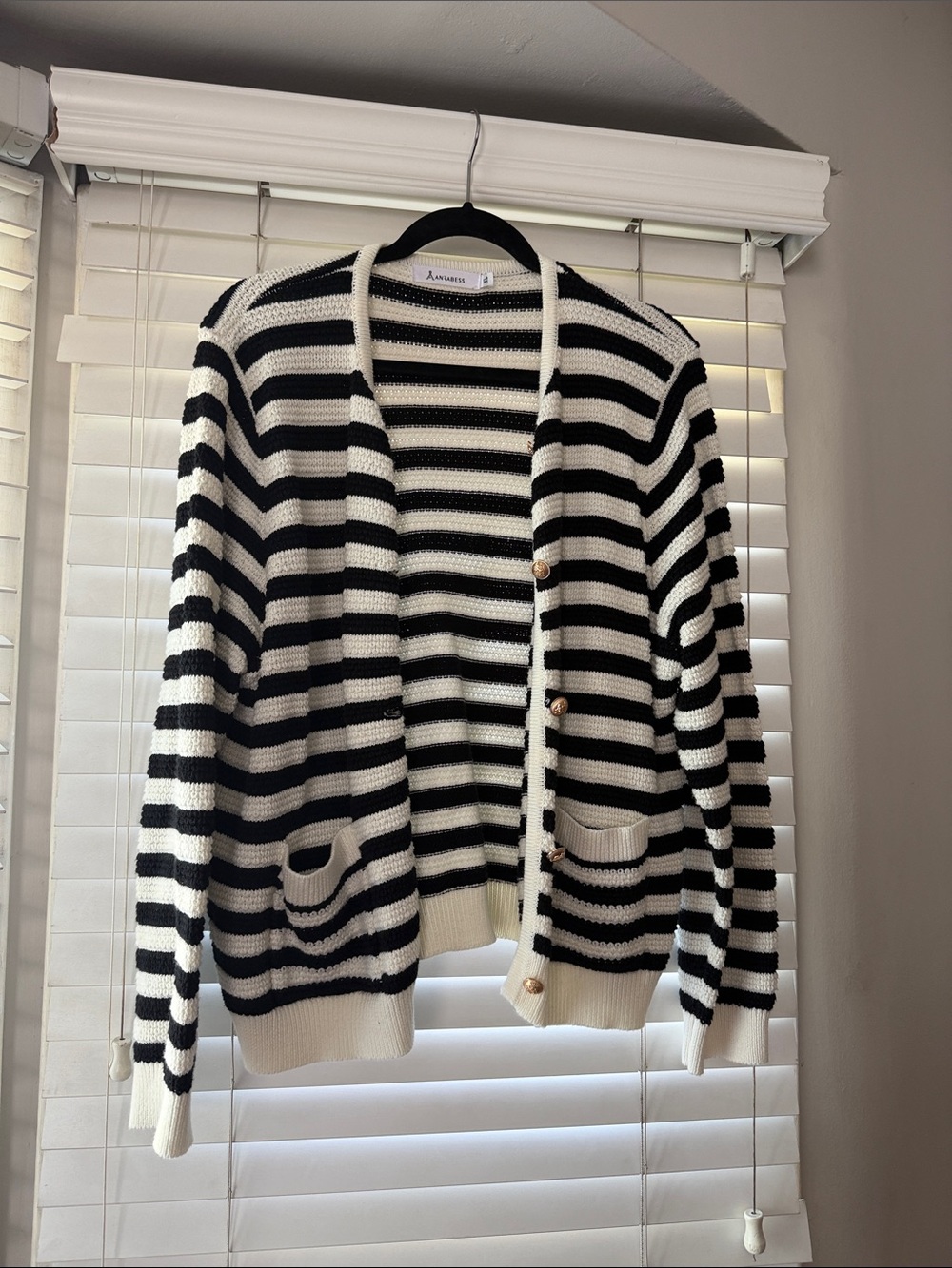 Striped Black and Cream Button-Up Knit Cardigan